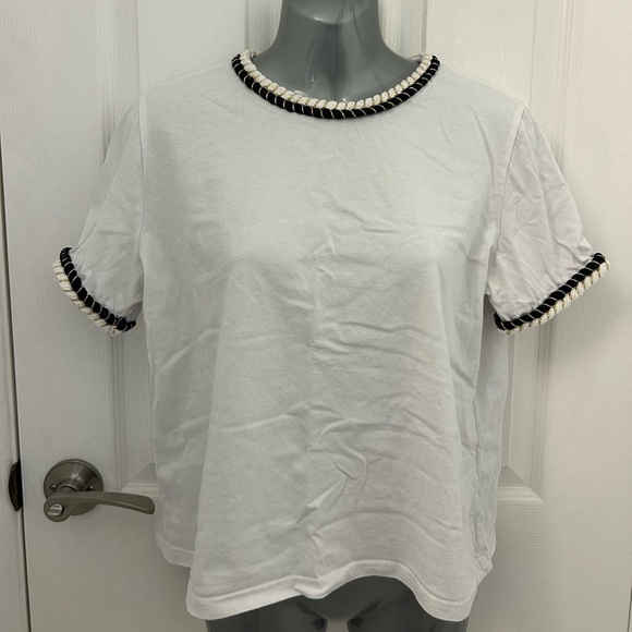 Dazy Tops - White Cropped T-shirt with Black, White and Gold Braided Details, Sz L